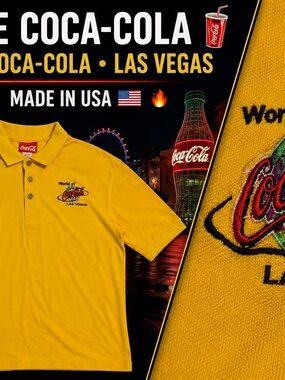 Vintage Coca Cola World Las Vegas Polo Shirt Mens L Made USA Embroidered Yellow